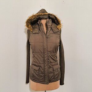 Say What? Juniors Hood Sweater Jackect Front Zipper/Button Green/Olive Size L